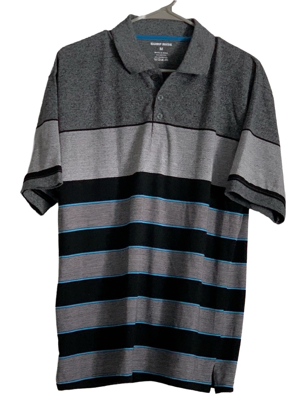 SURF RIDE Men’s Gray Black Blue Stripe Short Sleeve Cotton Blend Polo Shirt